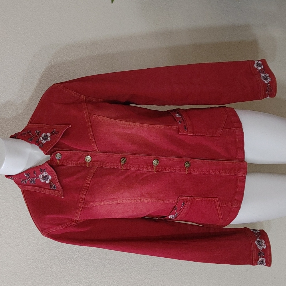 T. K. C. Designs. sequence embroidered and painted red jeans jacket size 10.